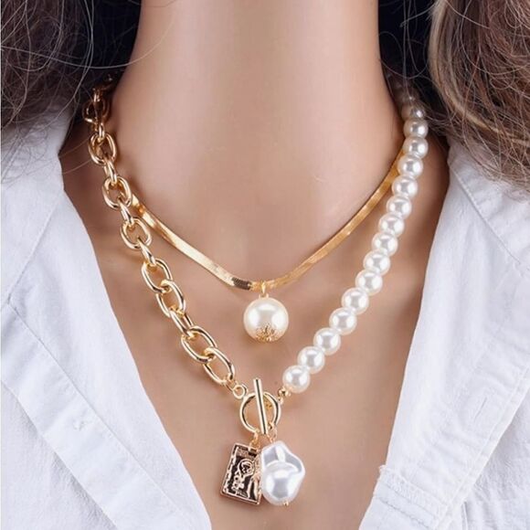 Elegant Vintage Style Lab Pearl Y-Shaped Chain Necklace Gold or Silver Tone 2 pc - Picture 1 of 7